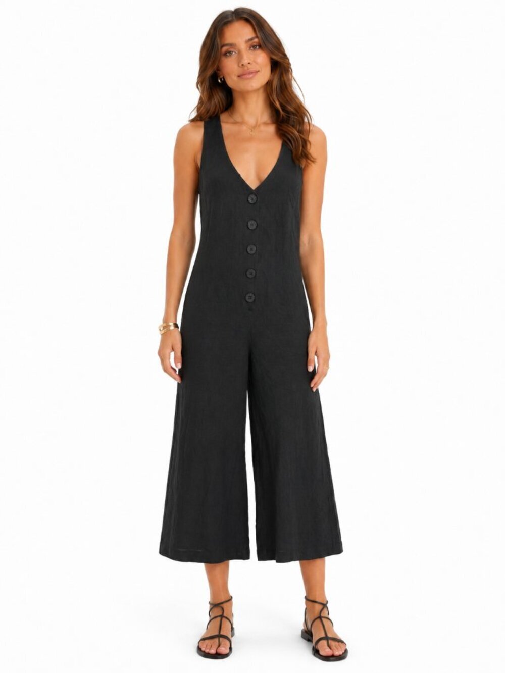 Rachel Pally Linen Button Front Wide Leg Jumpsuit Black Size XS